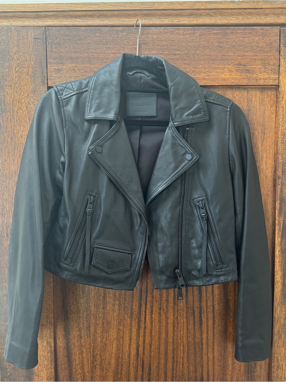 All Saints Elora Black Cropped Leather Jacket - Picture 2 of 7